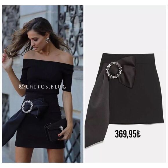 Zara Black Mini Skirt with Rhinestone Buckle & Satin Bow Detail Size L - Picture 2 of 14